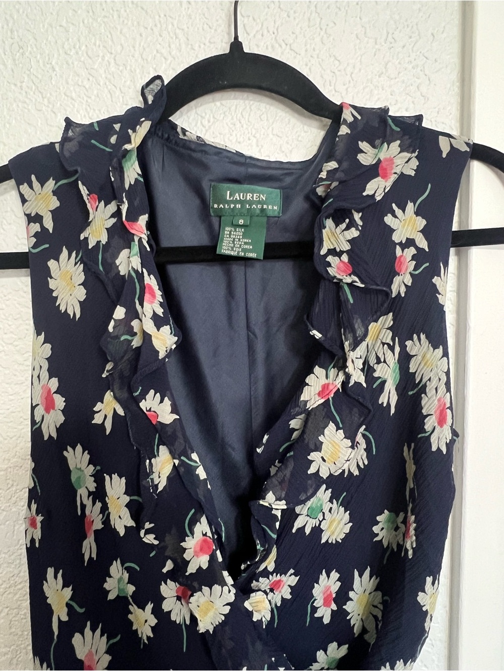 Lauren Ralph Lauren Silk Floral Ruffle Neck Midi Dress Navy Sleeveless Size 8 - Picture 6 of 10